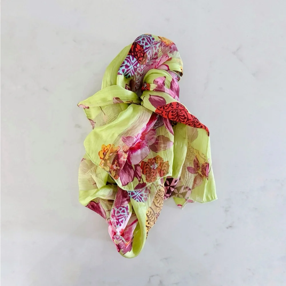 90s Vintage Marcrozier Paris Floral Print Silk Oblong Scarf Wrap, Green & Pink